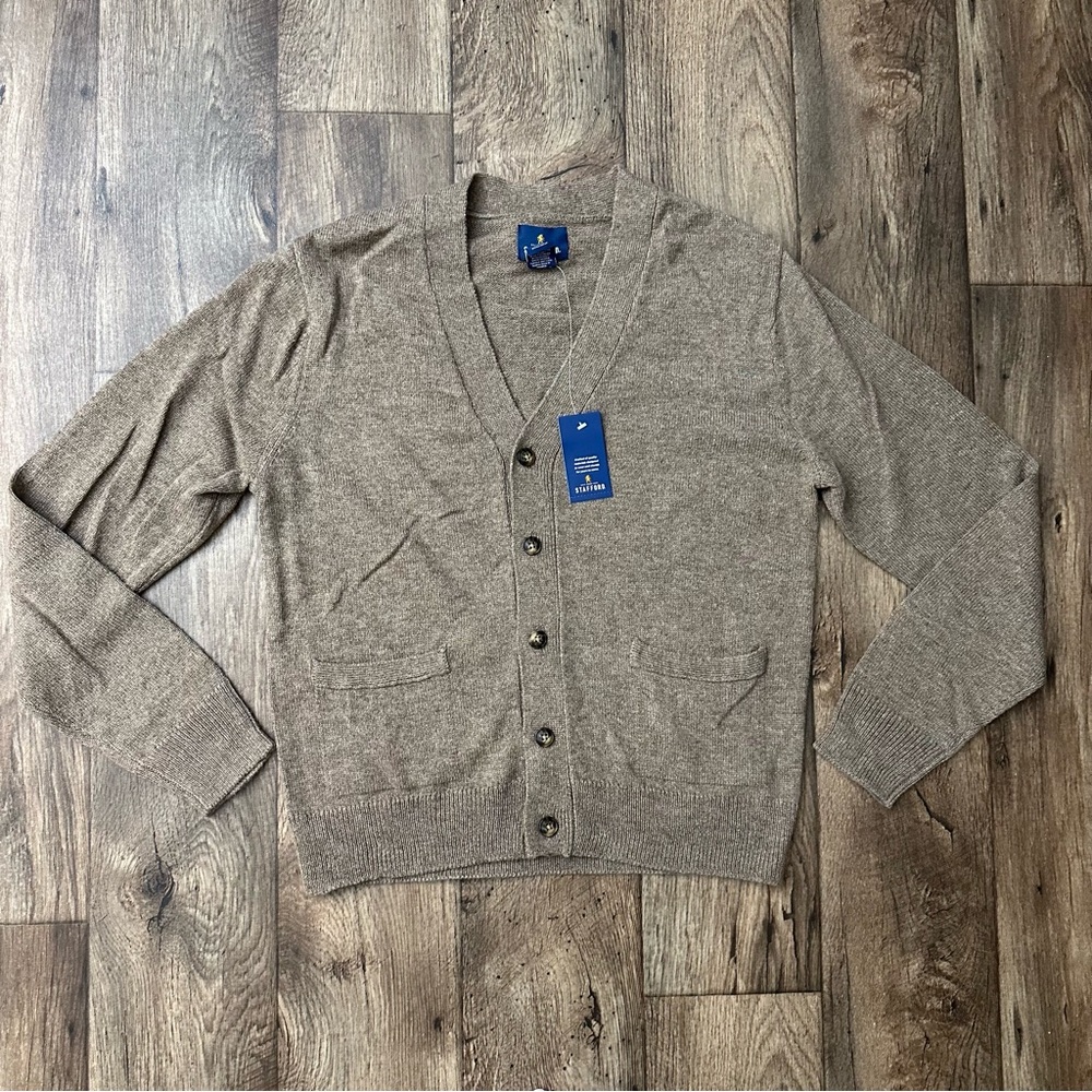 Stafford 30% Wool Blend Button Front Soft Touch Cardigan Sweater Mens Size M Tan